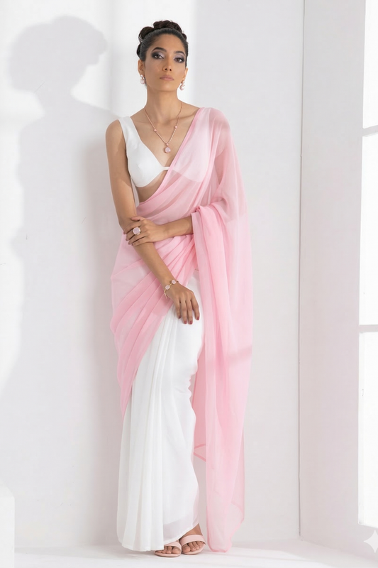 Dhiyona ST White with Pink Chiffon Saree and Blouse Fabric