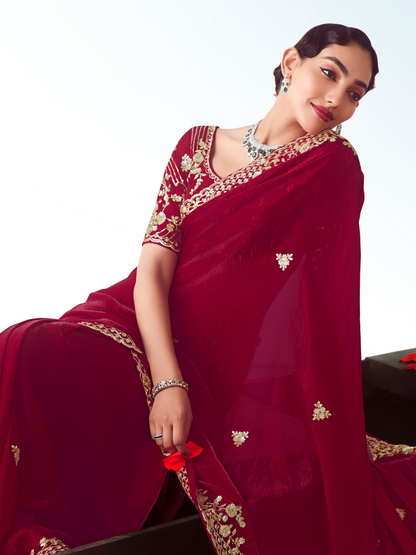 Dhiyona KM Women Red Organza Silk Saree