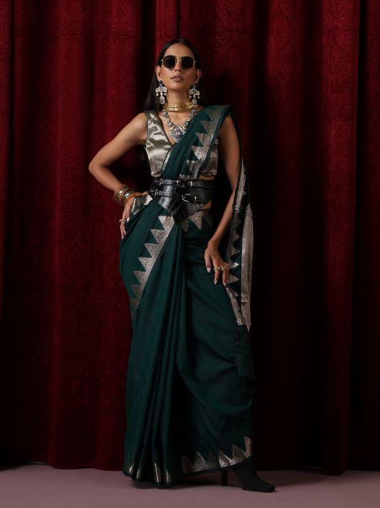 Dhiyona ST Emerald Temple Pure Silk Saree with Blouse Fabric