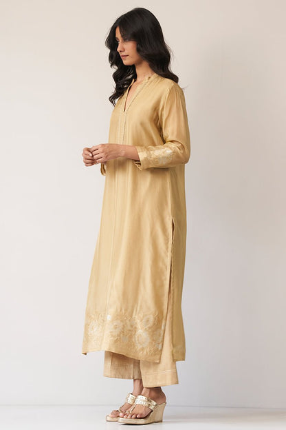 Women's Gold Beige Silk Jacquard Kurta Set