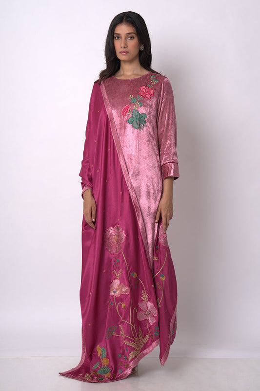 Women's Fushia Pink and Beige Silk Velvet Salwar Suit