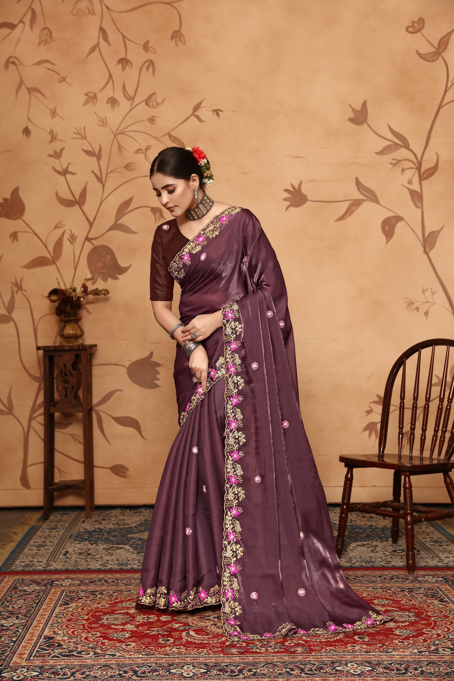 Dhiyona GR Women's Armani Chocolate Brown Jimmi Choo Embroidered Saree