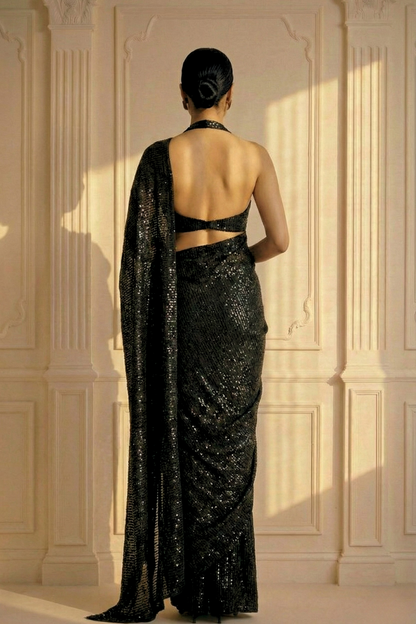 Dhiyona ST Black Muse Knitted Sequin Saree with Blouse Fabric