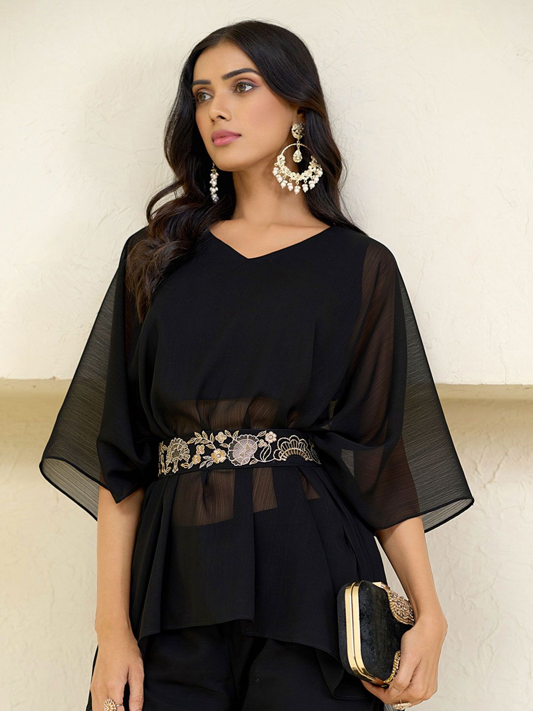 Dhiyona CH Floral Embroidered V-Neck Zari Georgette Kaftan Kurta With Palazzos