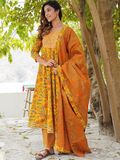 Dhiyona KL Floral Printed Gotta Patti Pure Cotton Kurta with Trousers & Dupatta