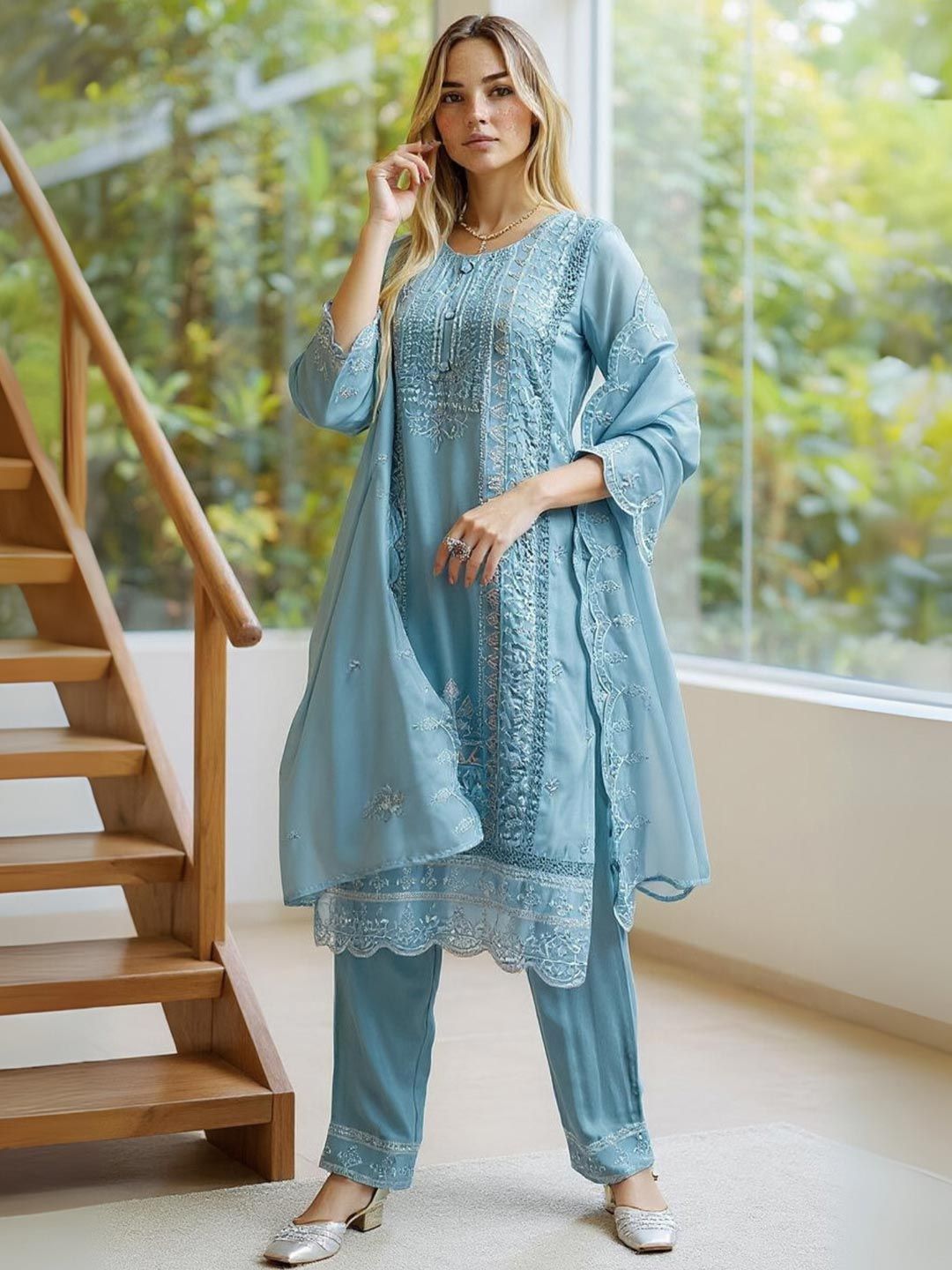 Dhiyona IE Ethnic Motifs Embroidered Regular Thread Work Kurta With Trousers & Dupatta