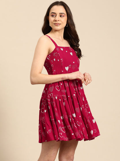 Dhiyona AY Women's Print Square Neck Crepe Fit & Flare Mini Dress