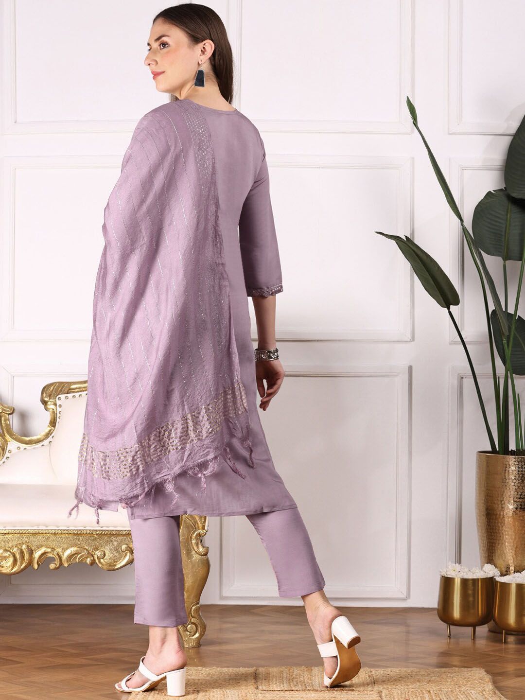 Dhiyona IS Women's Ethnic Motifs Embroidered Straight Thread Work Kurta with Trousers & Dupatta