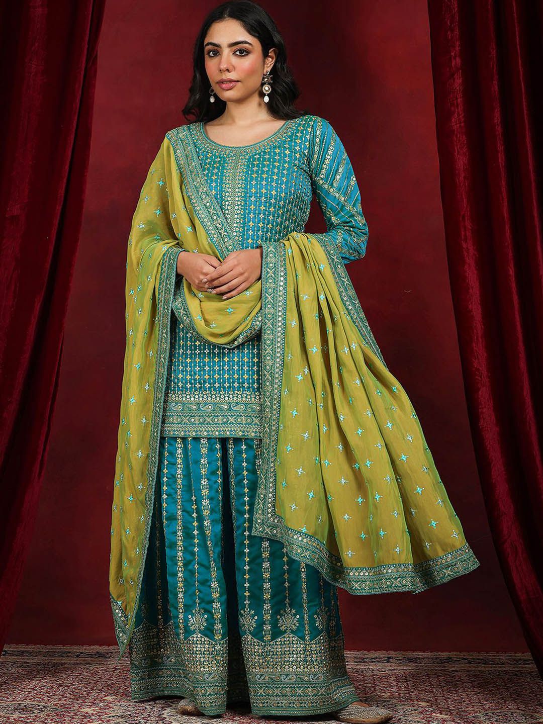 Dhiyona LL Sequinnce Embellished Round Neck Kurta with Palazzos & Dupatta