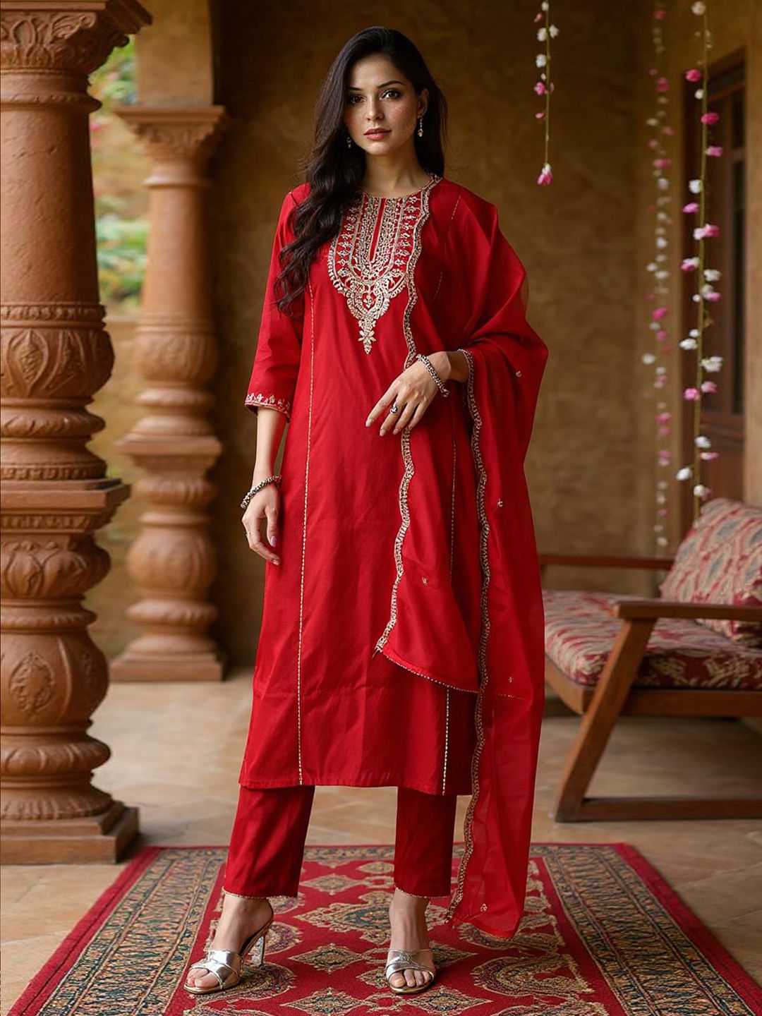 Dhiyona IE Women Ethnic Motifs Embroidered Panelled Liva Kurta with Trousers & With Dupatta