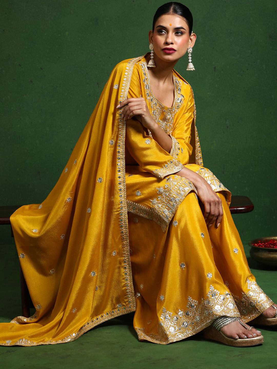 Dhiyona VA Floral Embroidered Zari Work Straight Kurta With Palazzos & Dupatta