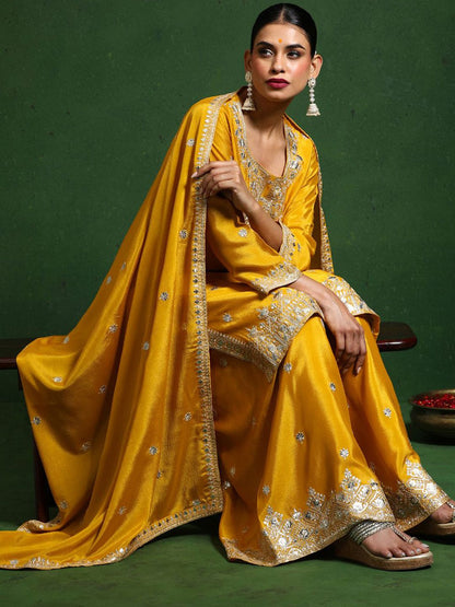 Dhiyona VA Floral Embroidered Zari Work Straight Kurta With Palazzos & Dupatta