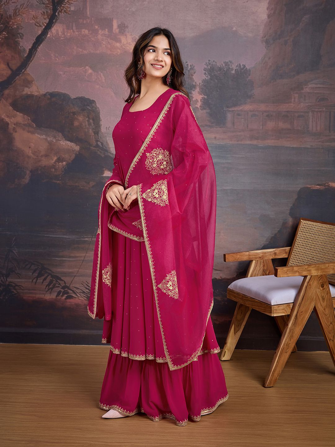 Dhiyona HOP U-Neck Anarkali Georgette Kurta & Sharara WithDupatta