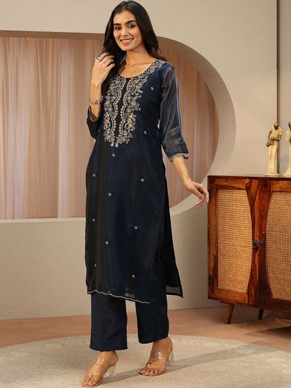 Blue Floral Embroidered Tissue Straight Suit Set