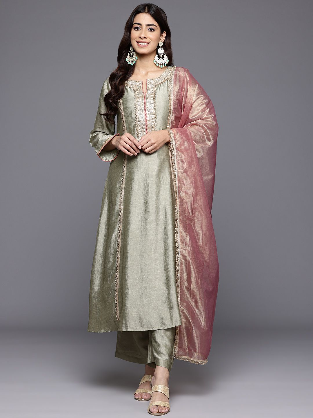 Green Floral Yoke Design Sequinned Panelled Anarkali Kurta With Palazzo & Dupatta