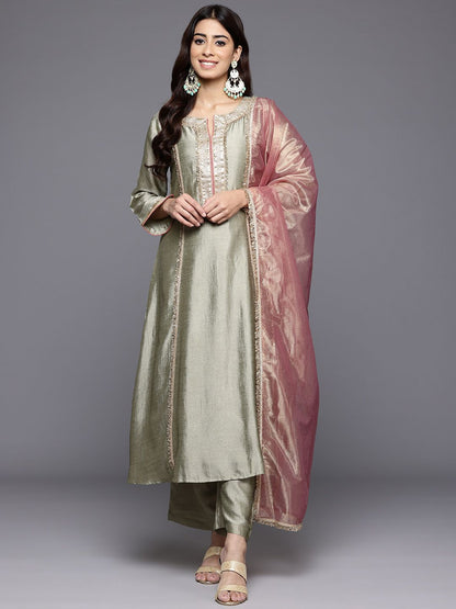 Green Floral Yoke Design Sequinned Panelled Anarkali Kurta With Palazzo & Dupatta