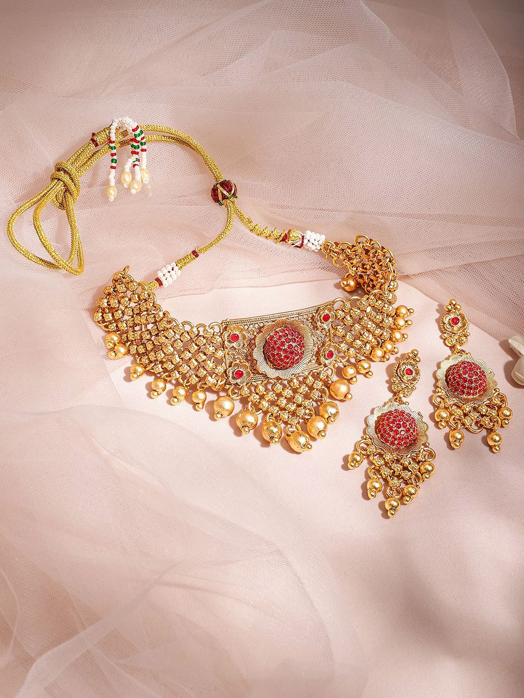 Dhiyona RJ Women's 22K Gold Plated Ruby Red Stone Studded Gold Beaded Handcrafted Choker Necklace Set