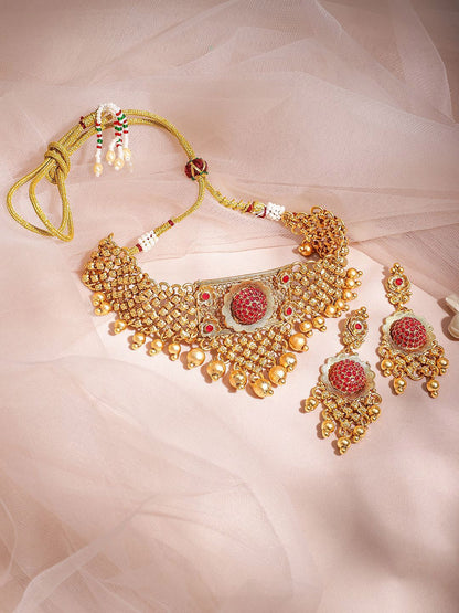 Dhiyona RJ Women's 22K Gold Plated Ruby Red Stone Studded Gold Beaded Handcrafted Choker Necklace Set