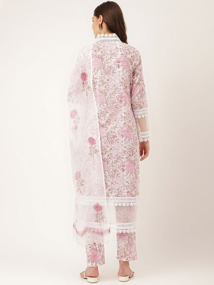 Dhiyona KL Floral Printed Laced Pure Cotton Kurta With Trouser & Dupatta