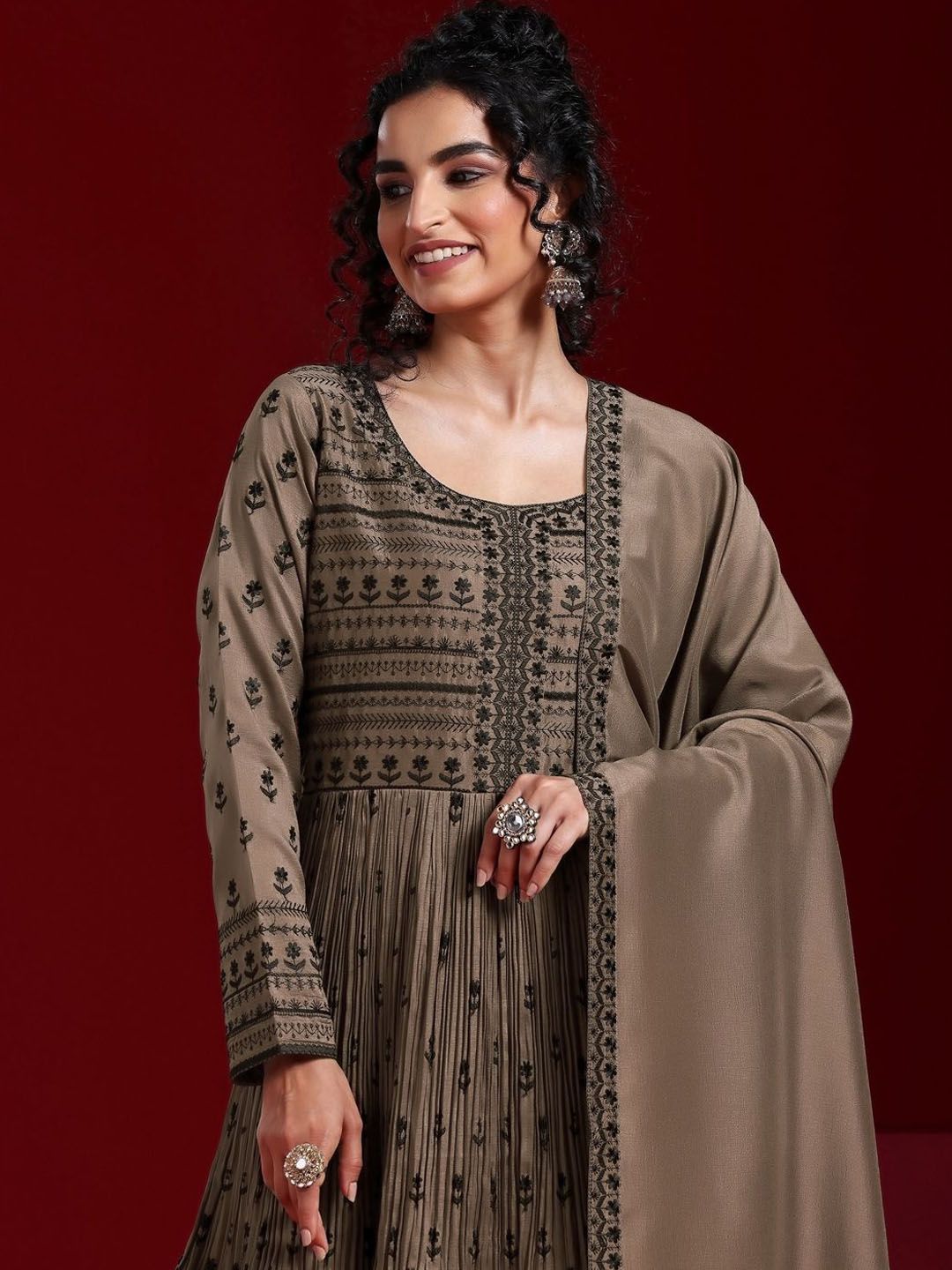 Dhiyona LL Womens Brown Embroidered A-Line Kurta With Sharara & Dupatta