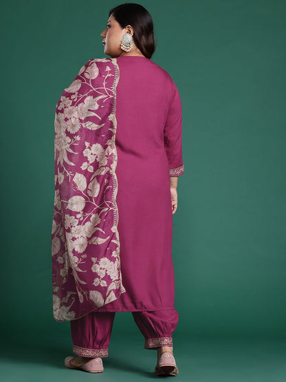 Dhiyona Women's Plus Size Floral Zari Embroidered Kurta with Salwar & With Dupatta