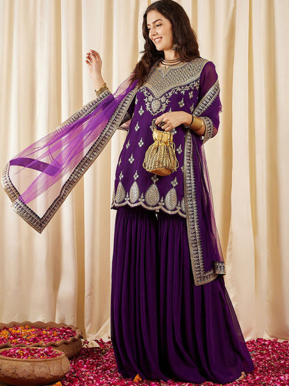 Dhiyona IN Ethnic Motifs Embroidered Regular Sequined Kurti with Sharara & Dupatta