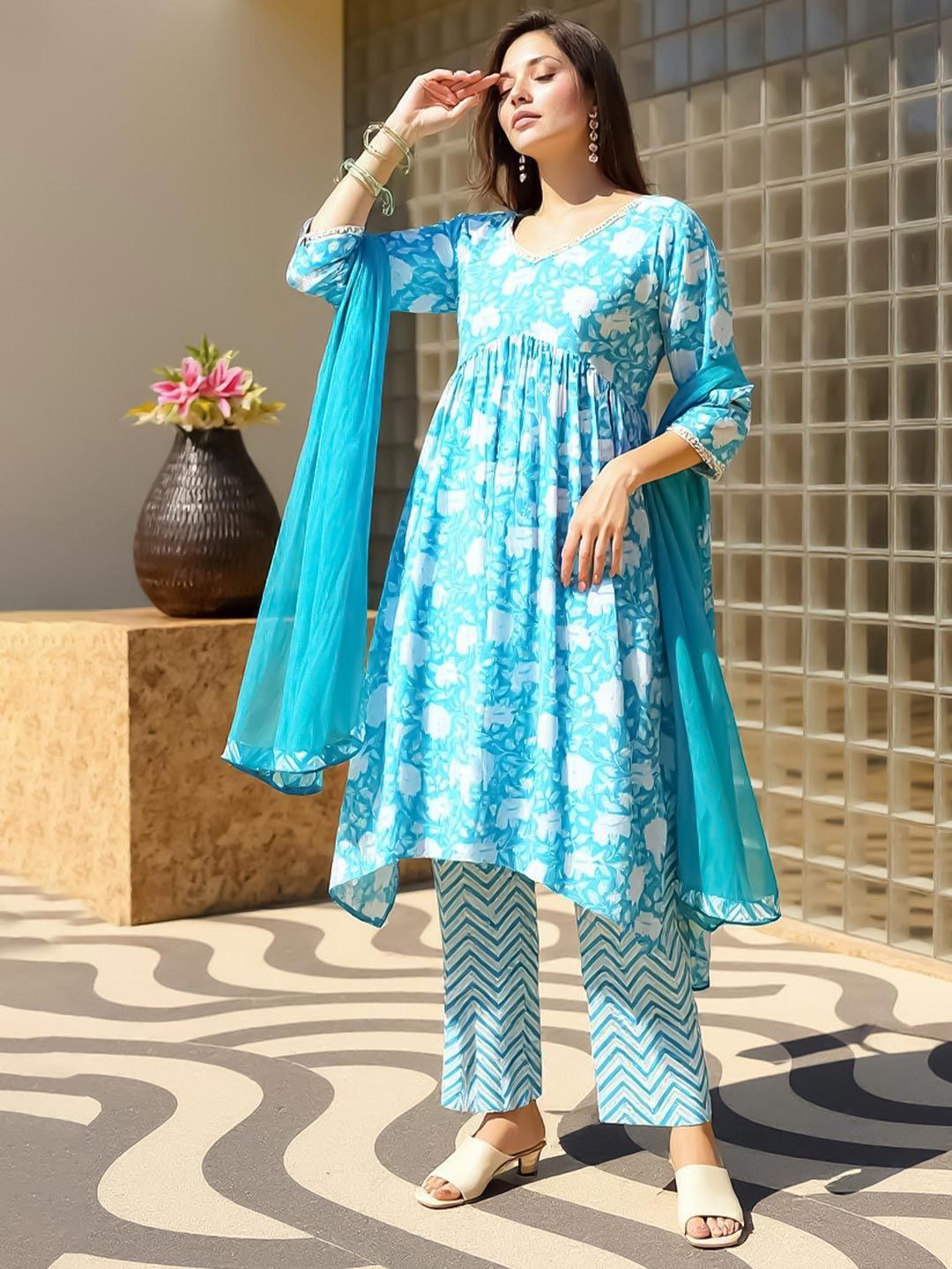 Floral Printed Empire Mirror Work Cotton A-Line Kurta with Trousers & Dupatta