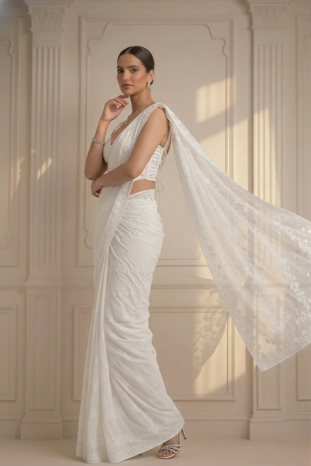 Dhiyona ST White Stripe Lace Saree with Sequin and Blouse Fabric