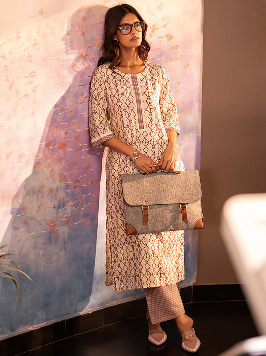 Off White Geometric Printed Sequinned Straight Kurta With Trousers