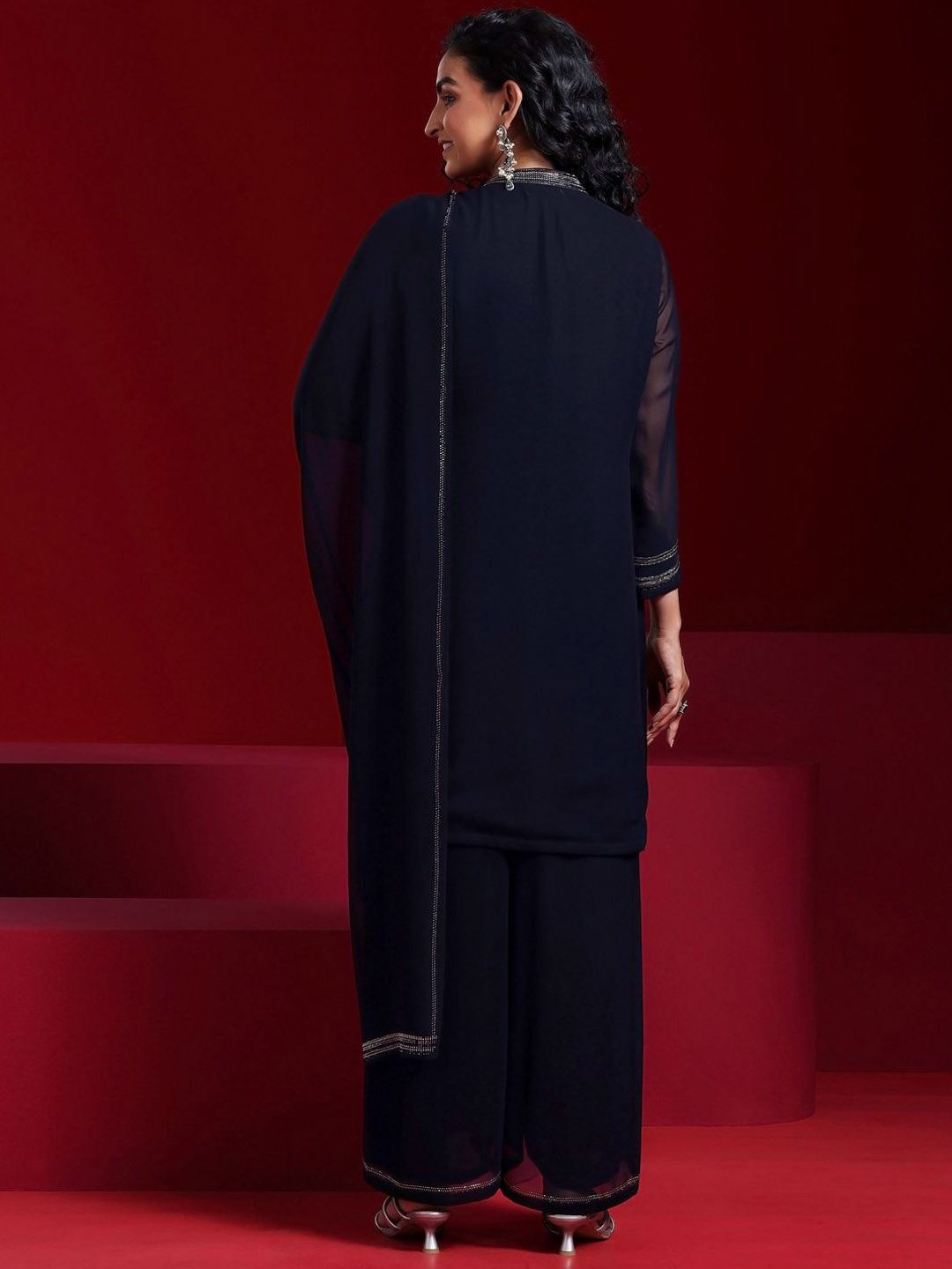 Dhiyona LL Mandarin Collar Beads and Stones Georgette Straight Kurta & Palazzo & Dupatta