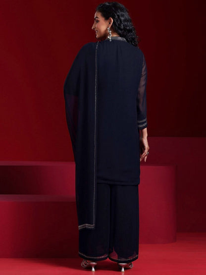 Dhiyona LL Mandarin Collar Beads and Stones Georgette Straight Kurta & Palazzo & Dupatta