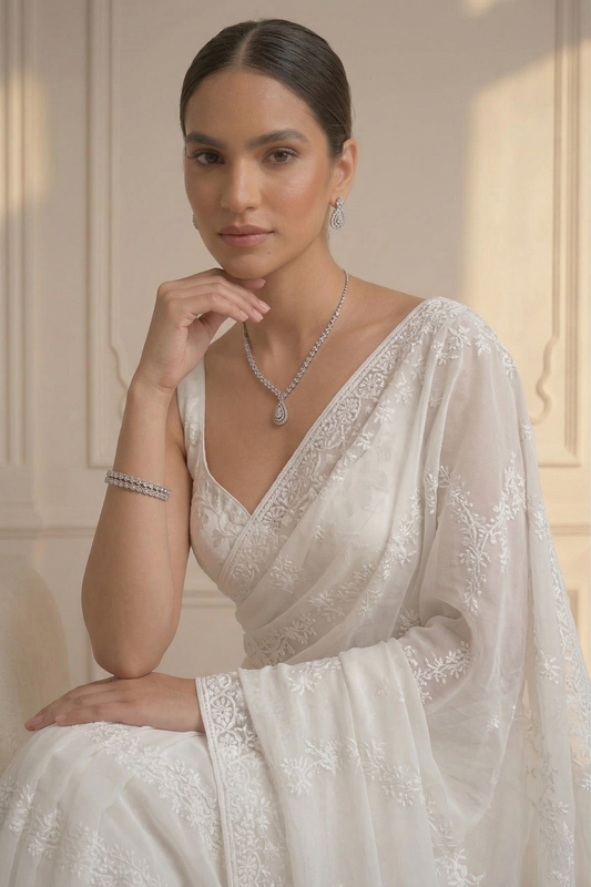 Dhiyona ST White Stripe Lace Saree with Sequin and Blouse Fabric