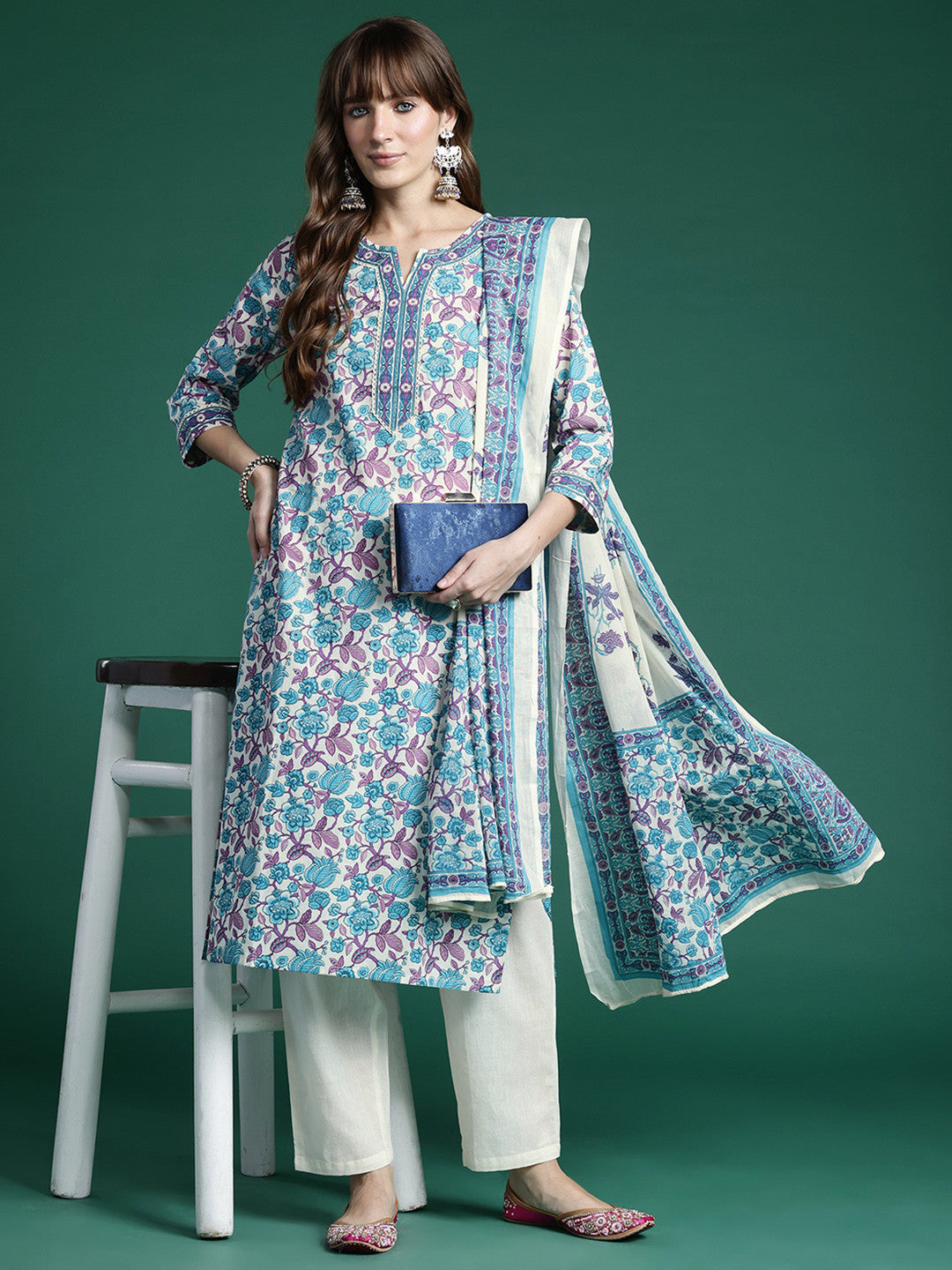 Floral Printed Regular Pure Cotton Kurta with Trousers & Dupatta