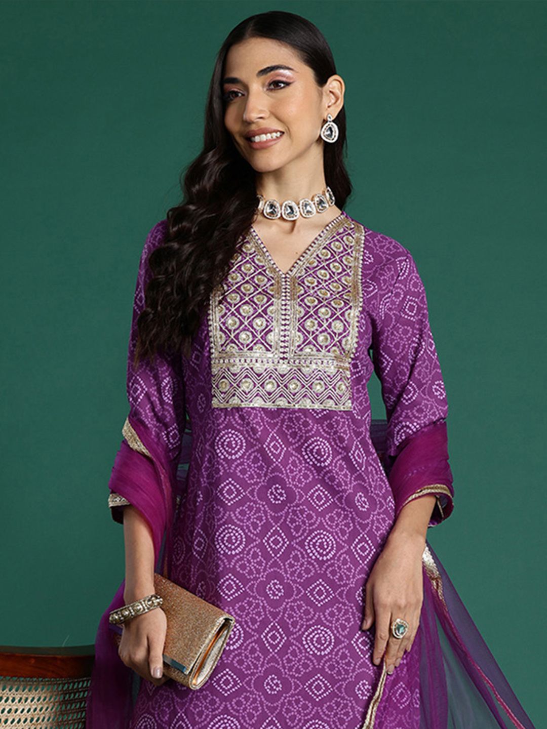 Dhiyona IE Bandhani Printed Sequinned Pure Cotton Kurta With Trousers & Dupatta
