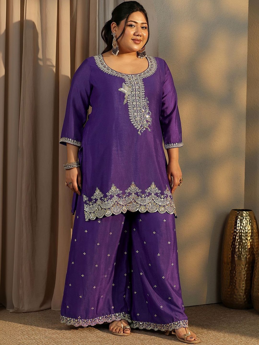 Dhiyona Women's Plus Size Ethnic Motifs Embroidered Kurta with Palazzo & Dupatta