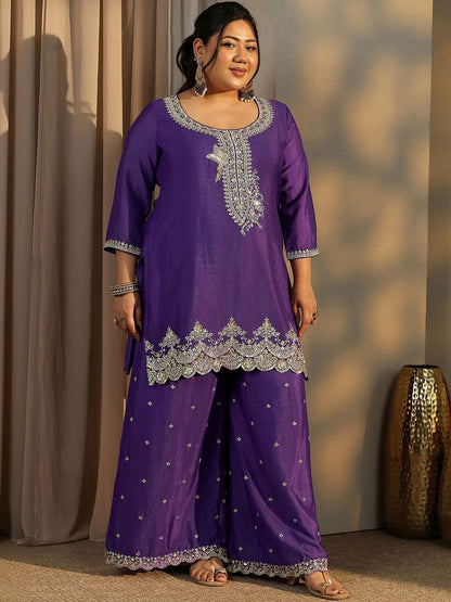 Dhiyona Women's Plus Size Ethnic Motifs Embroidered Kurta with Palazzo & Dupatta