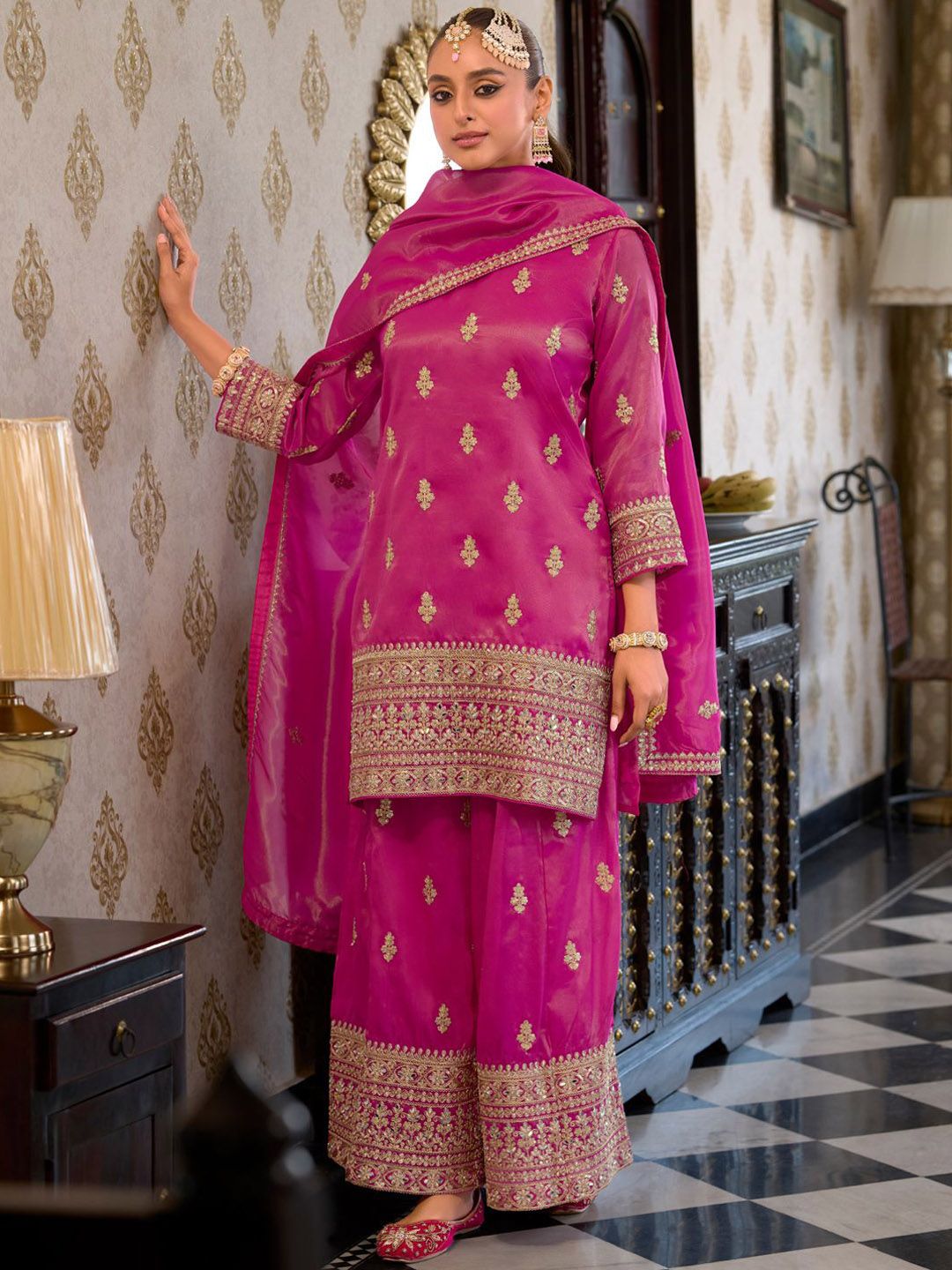Women Ethnic Motifs Embroidered Mirror Work Kurta with Palazzos & With Dupatta
