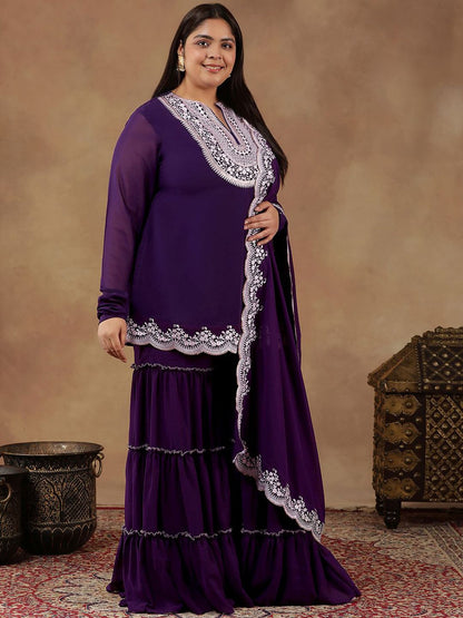 Dhiyona IN Plus Size Floral Embroidered Georgette Straight Kurta With Sharara & Dupatta