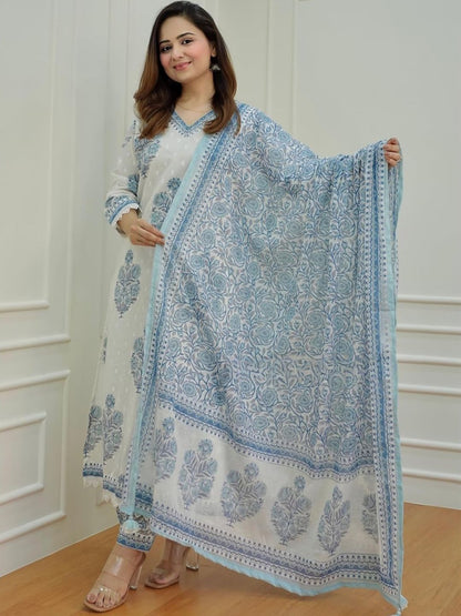 Dhiyona KL Floral Printed Regular Mirror Work Pure Cotton Straight Kurta With Salwar & Dupatta