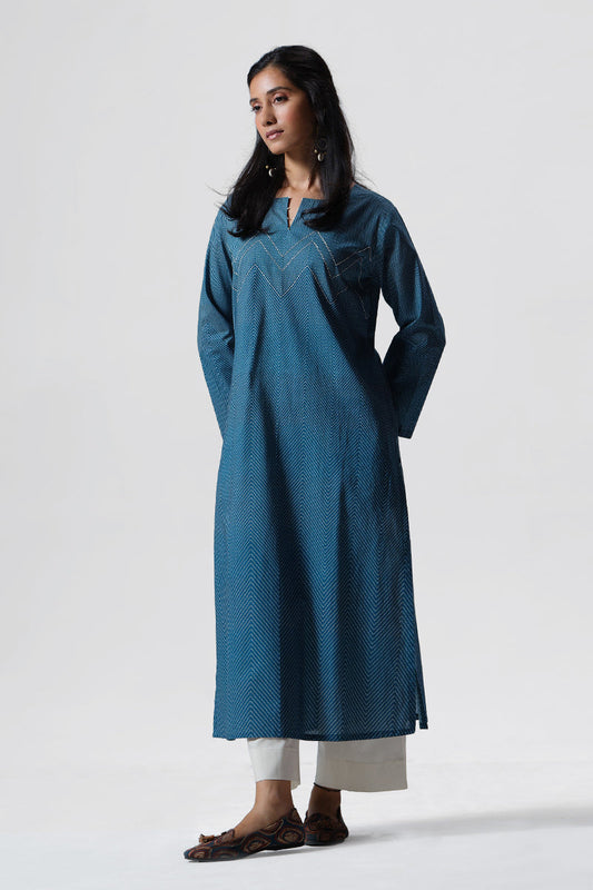 Women's Indigo Blue Cotton Kurta and Cream Bottom Set