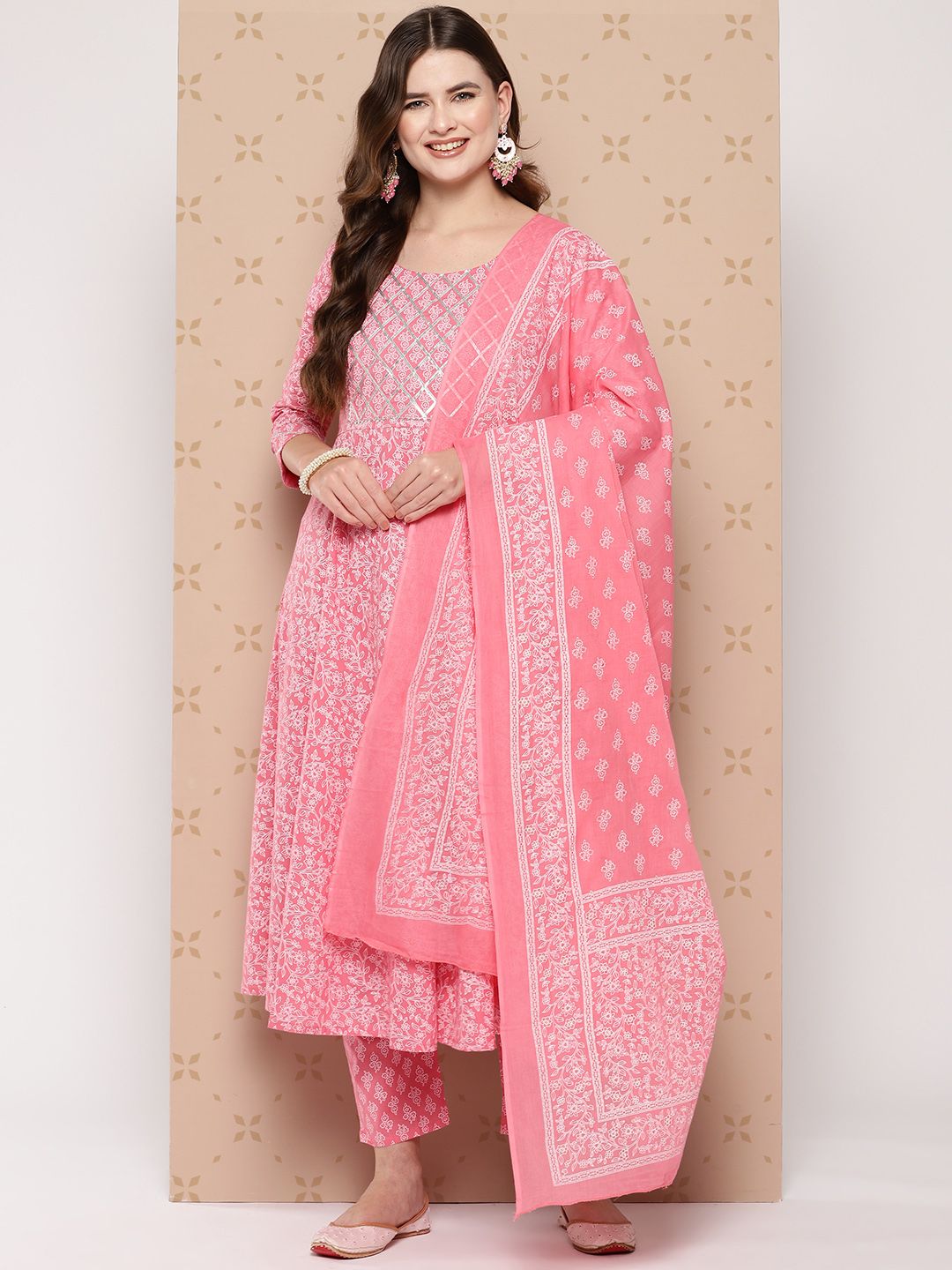 Dhiyona KL Pure Cotton Ethnic Motifs Printed Anarkali Kurta With Trousers & With Dupatta