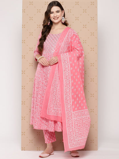 Dhiyona KL Pure Cotton Ethnic Motifs Printed Anarkali Kurta With Trousers & With Dupatta