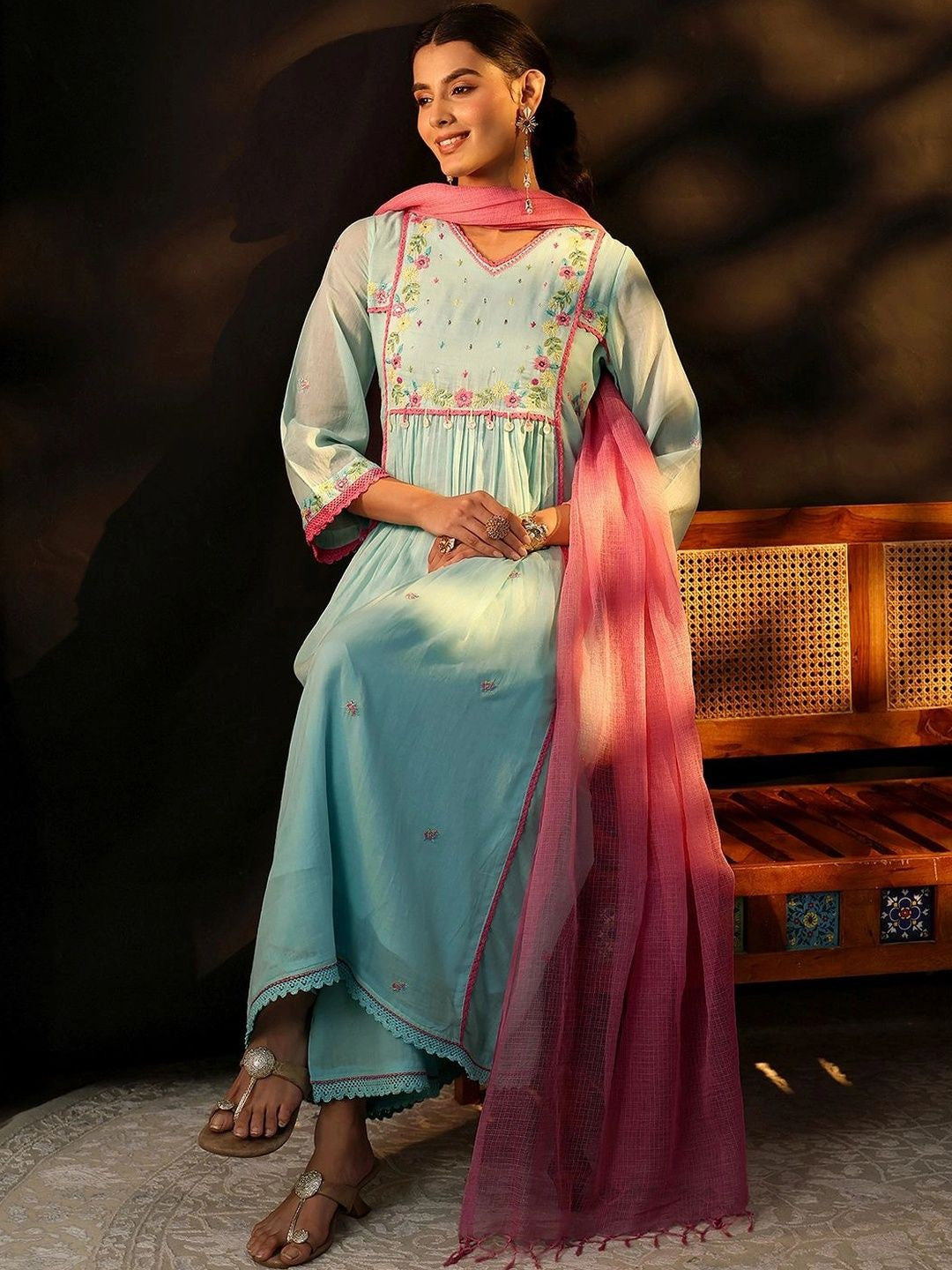 Baby Blue Floral Embroidered Cotton Anarkali Suit Set