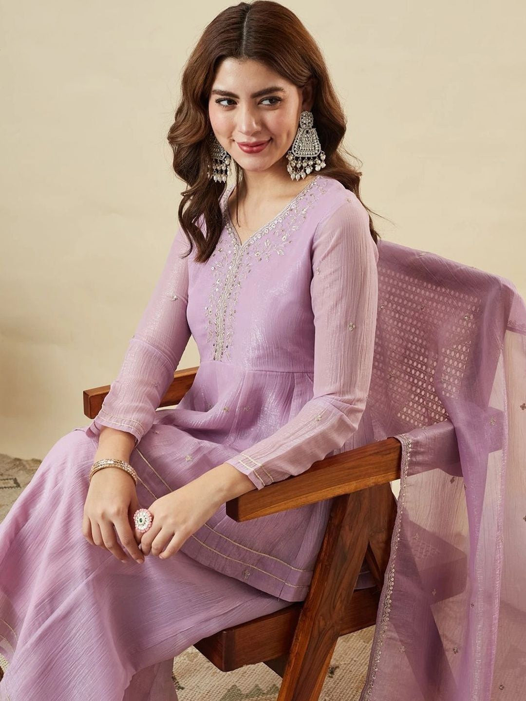 Women Ethnic Motifs Embroidered Empire Thread Work Silk Chiffon Kurta with Sharara & With Dupatta