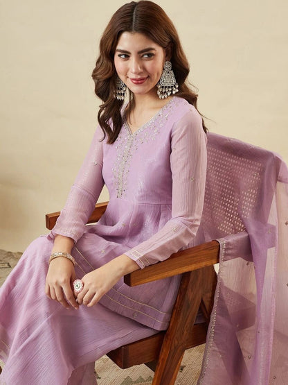 Women Ethnic Motifs Embroidered Empire Thread Work Silk Chiffon Kurta with Sharara & With Dupatta