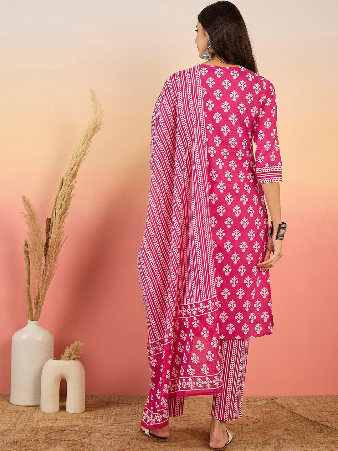Floral Printed Mirror Work Pure Cotton Kurta with Trousers & Dupatta