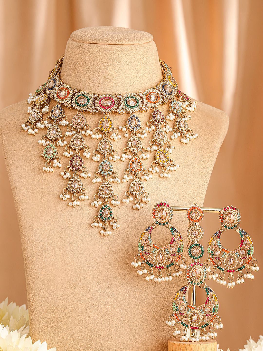 Dhiyona RJ Women's 22K Gold-Plated Multicolor Kundan & Cubic Zirconia Studded Bridal Jewelry Set