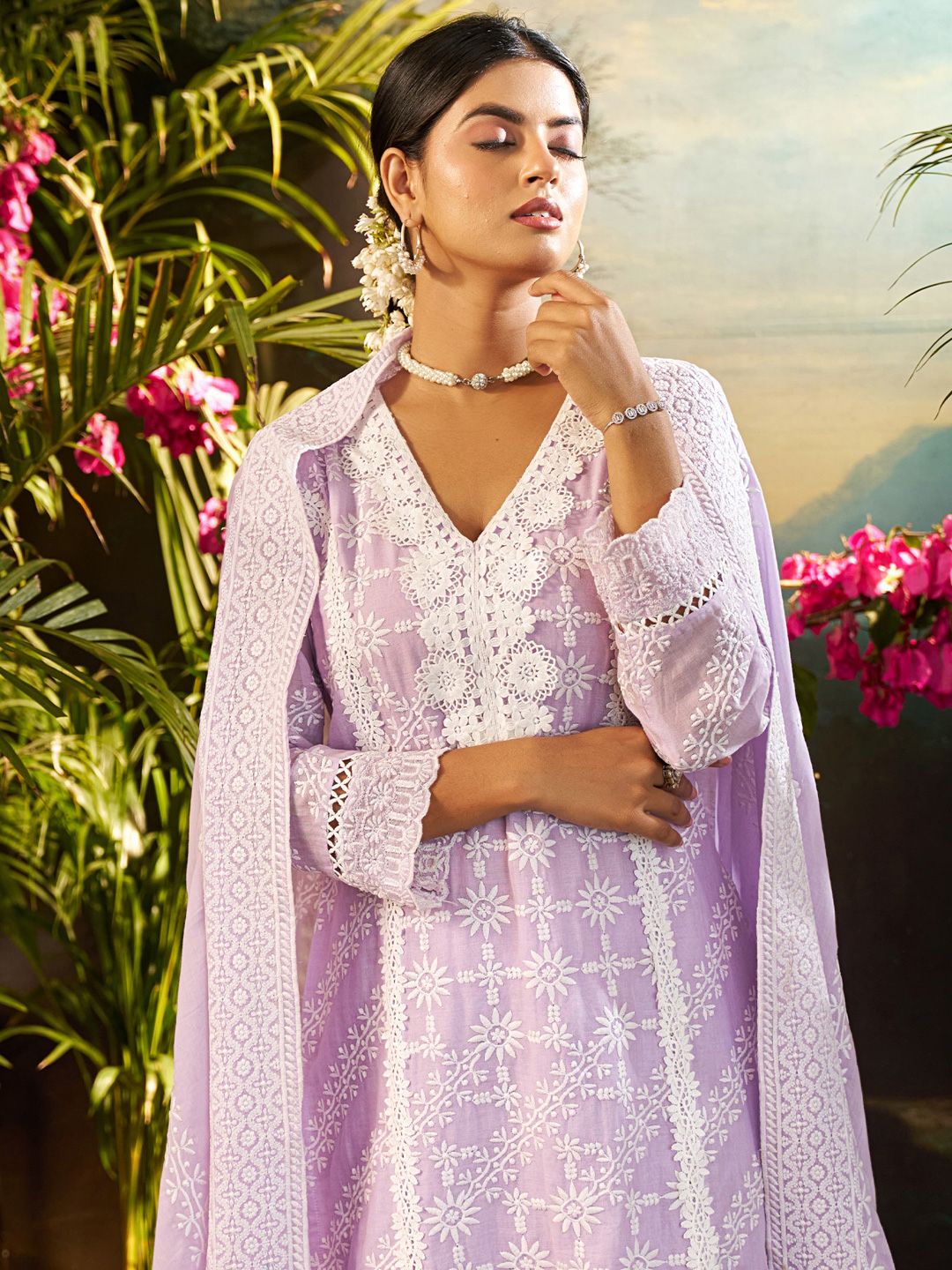 Dhiyona IE Women Solid Embroidered Cotton Kurta with Trousers & Dupatta