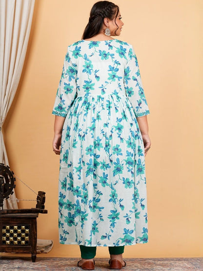 Dhiyona KL Women Floral Printed Pleated Thread Work Pure Cotton Kurta Set With Dupatta