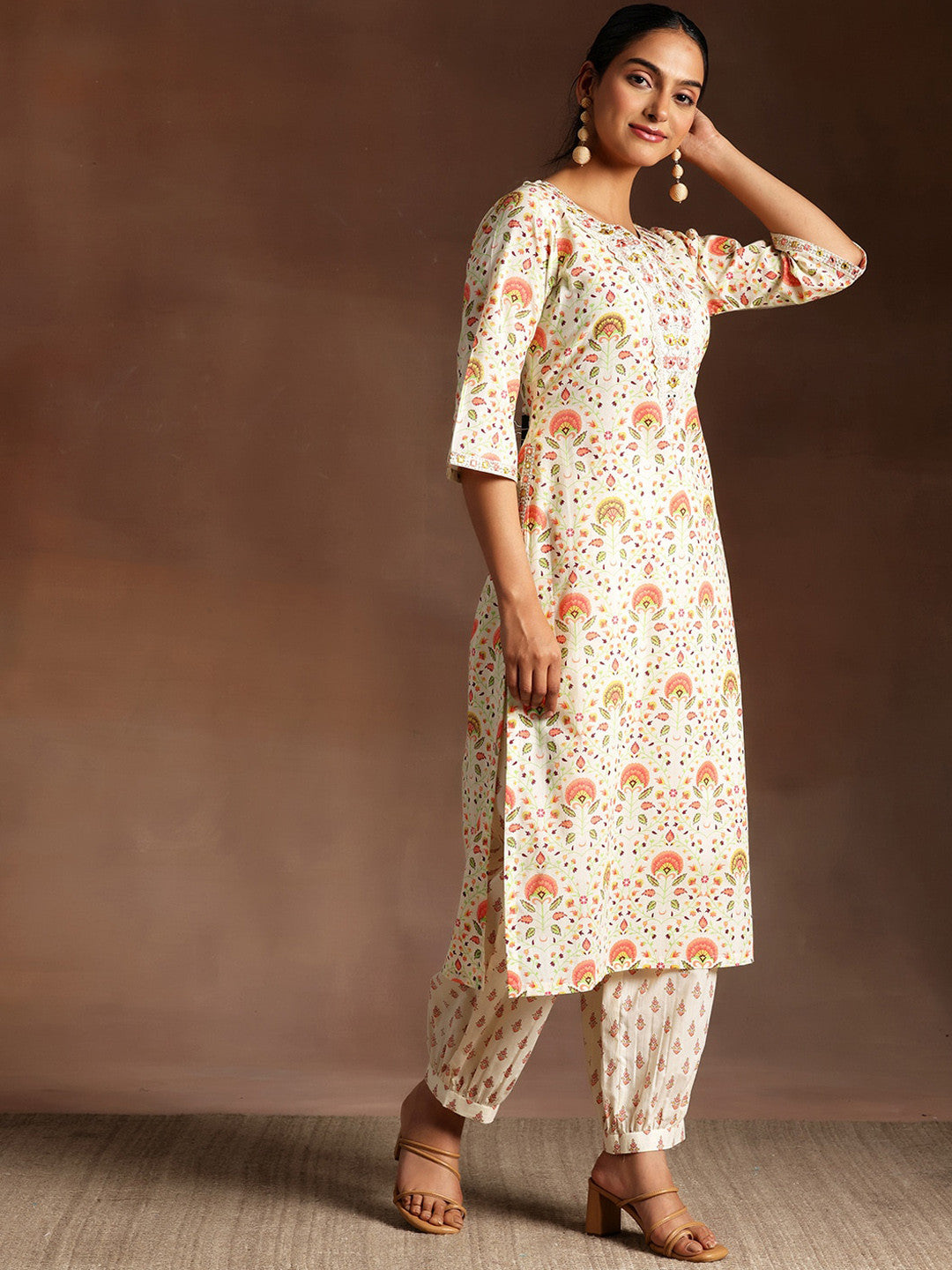 Floral Printed Thread Work Pure Cotton Straight Kurta With Salwar